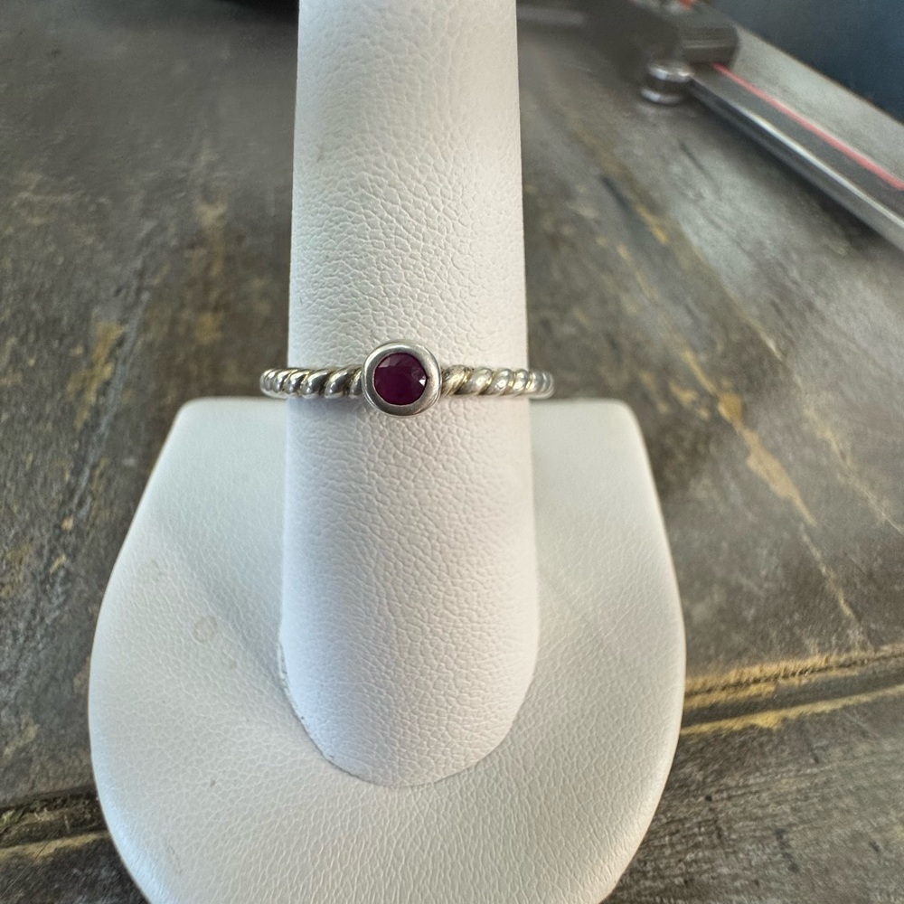 Round Ruby Bezel Set Stack Ring Beaded Band 925 S… - image 1